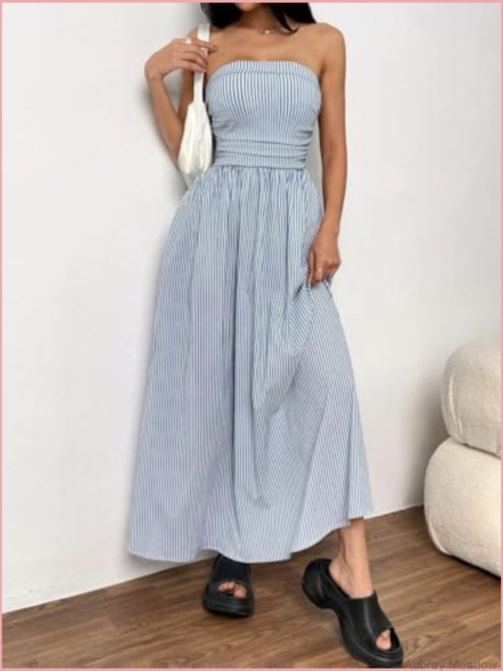 Strapless Tube Maxi Dress Striped Smocked Back A-Line with Pocket - Picture 3 of 5
